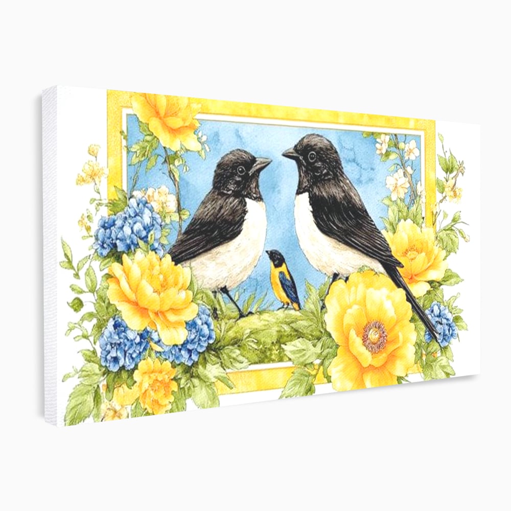 Tablou canvas cu tablou canvas cu pasari si flori, fara rama, pe sasiu de lemn
